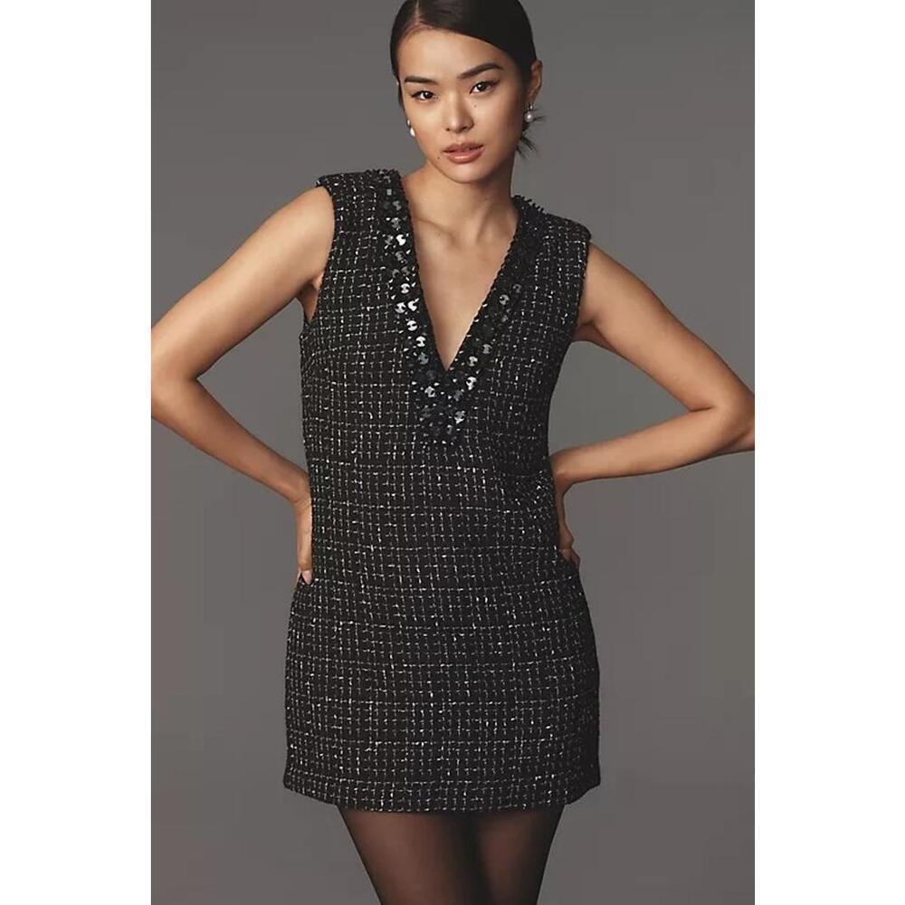 Maeve Anthropologie Sequin Embellished V-Neck Tweed Mini Dress Size S Black